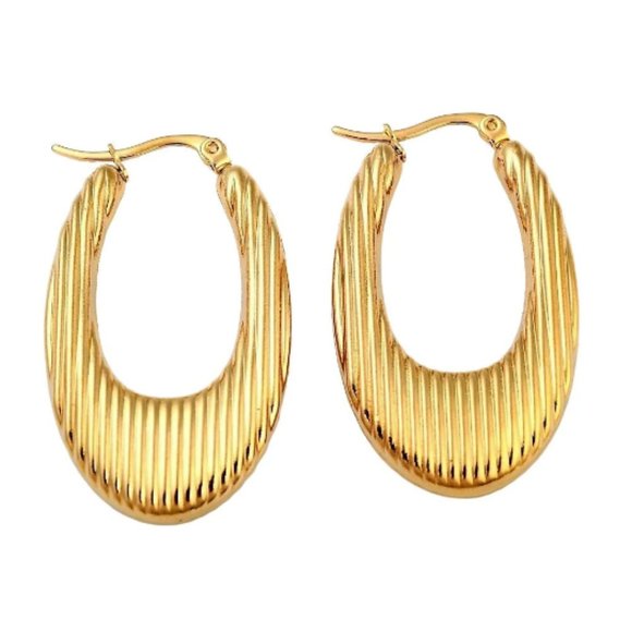 24K Gold Plated Lined Teardrop Hoop Pierced Post Earrings 44mm Long Stainless - Picture 6 of 12